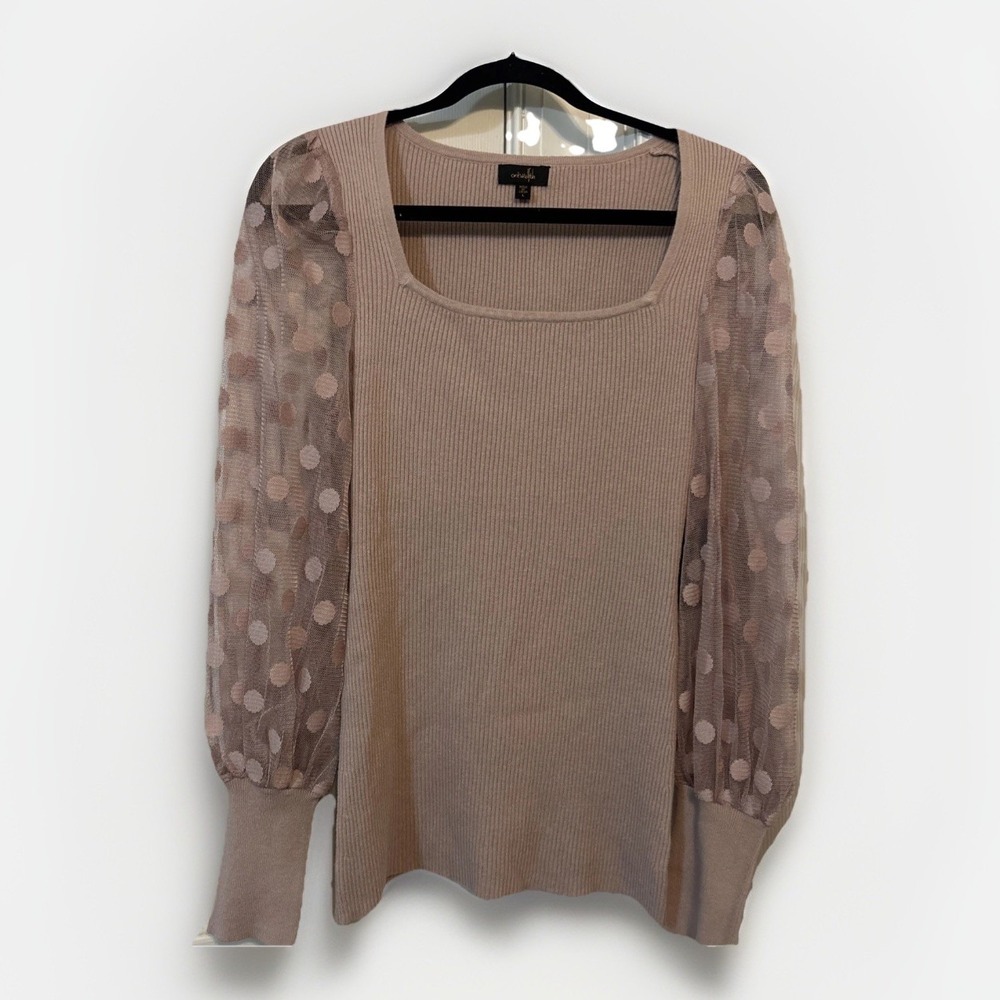 On Twelfth Pink Ribbed Top Sheer Polka Dot Sleeves Square Neck Boho Artsy L